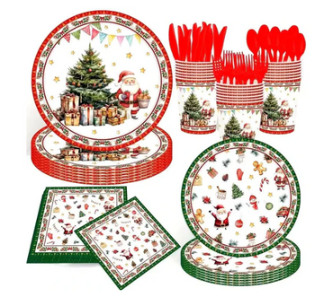 Kit de Talheres para Festa de Natal com 140 Peças Descartáveis - Pratos, Copos, Talheres