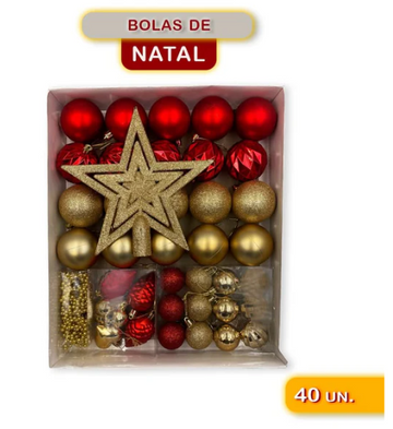 Kit Enfeites de Natal Bolas Estrela Dourado e Vermelho Completo