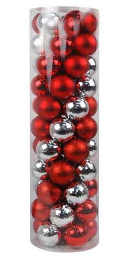 Kit Bolas Decoração para Natal 55 Bolinhas - Vermelhas com Prata